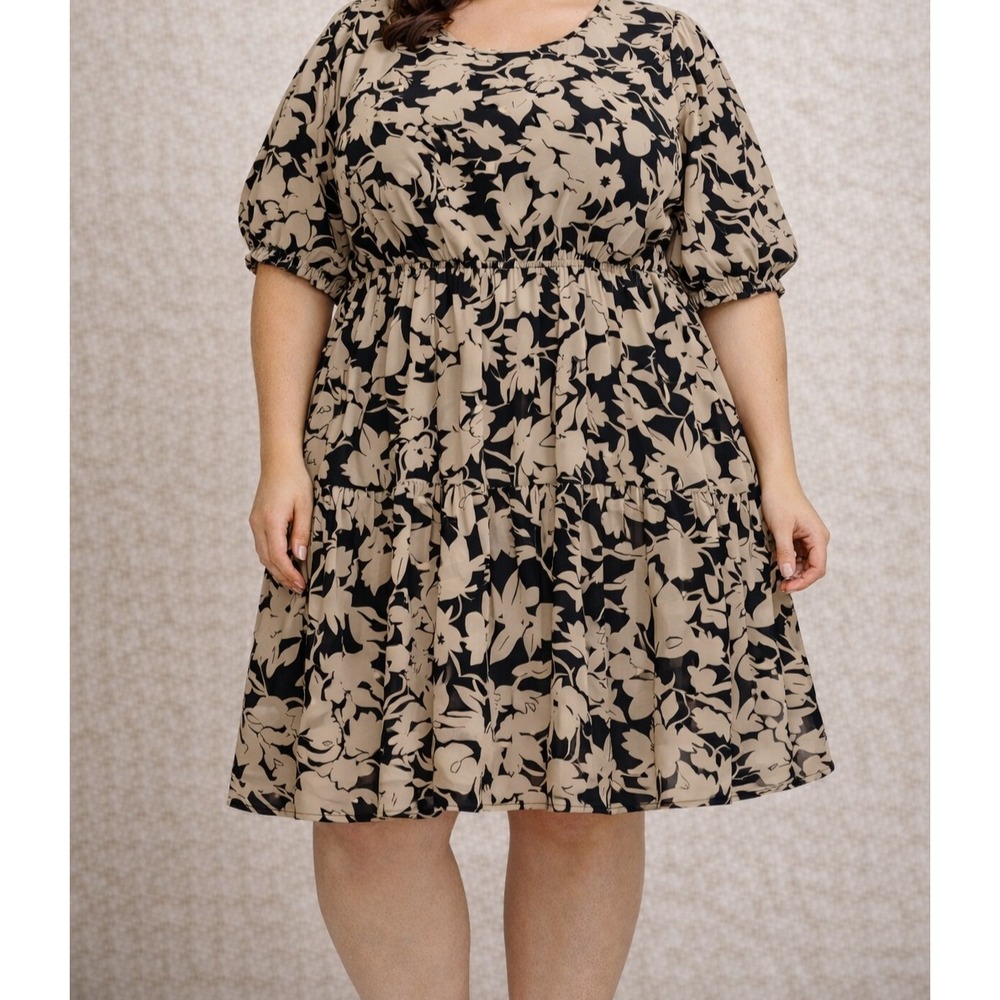 Sabrina‎ Lauren Floral Baby Doll Dress Women 2X Tan Black Puff Sleeved